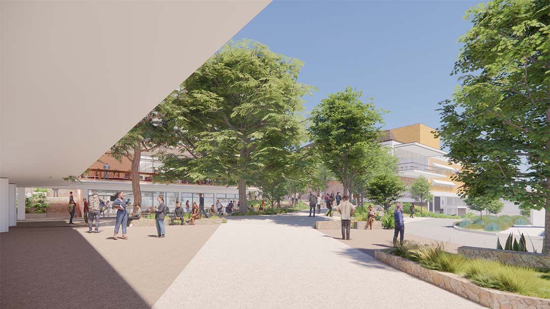 Artist impression of outside area at Union Complex including pathways and trees.