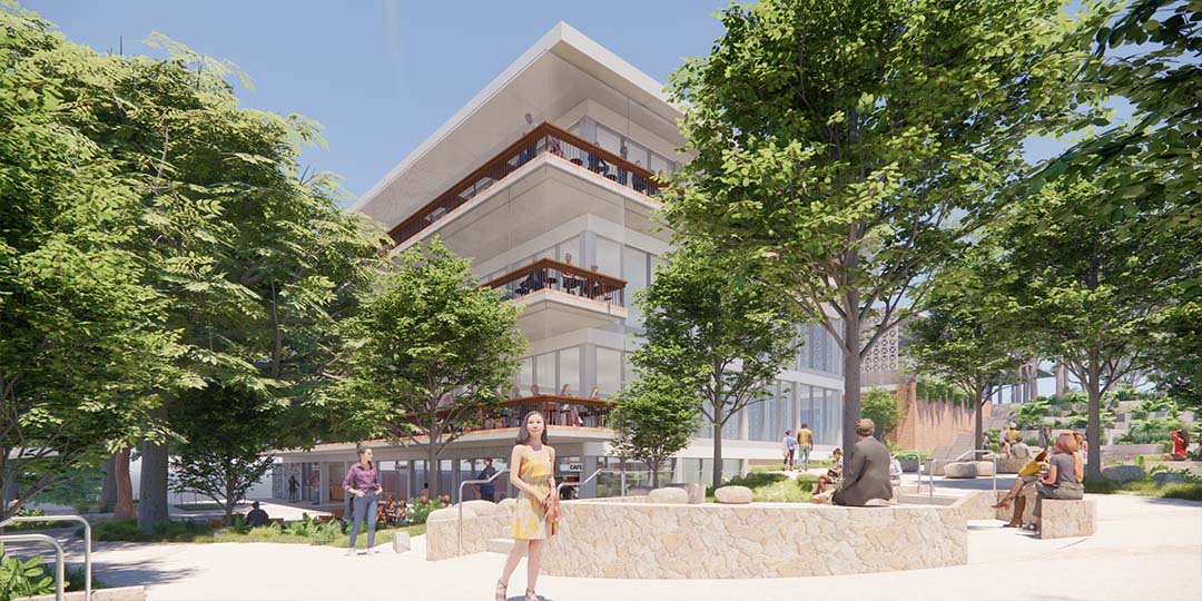 Render of Union Complex of outside sitting areas, pathways and trees.